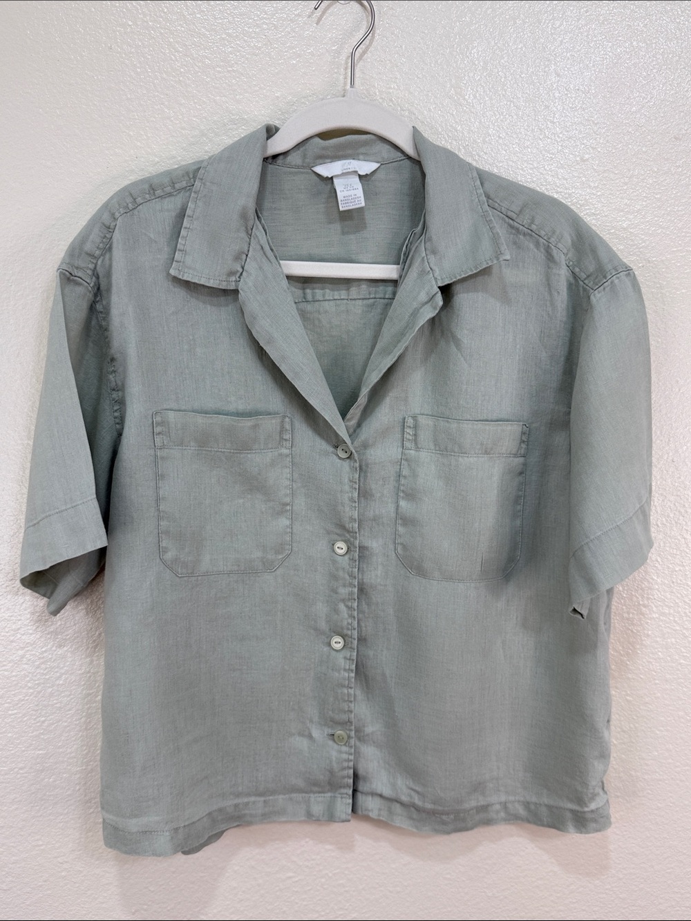 H&M Linen Button-Front Short Sleeve Shirt Sage Size Small